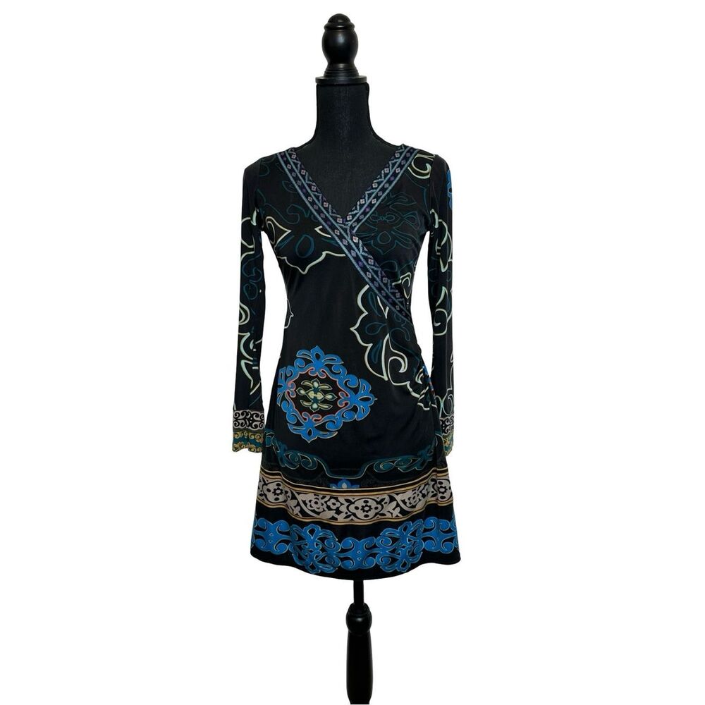 HALE BOB 100% Silk Deep V Neck Patterned Mini Dress Long Bell Sleeves Size XS - Picture 9 of 17